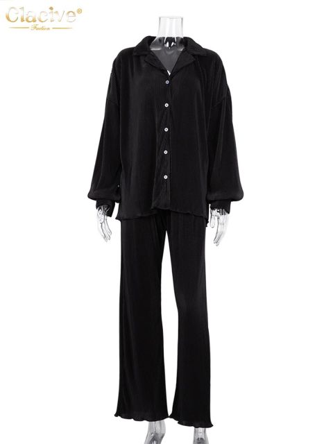 Causal Loose Pleated Long Sleeve Blouse With High Waist Pants