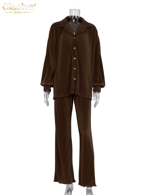 Causal Loose Pleated Long Sleeve Blouse With High Waist Pants